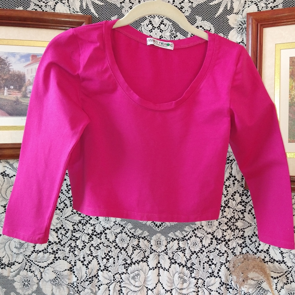Vivian's Fashions hot pink crop top crew neck 3/4 sleeves
